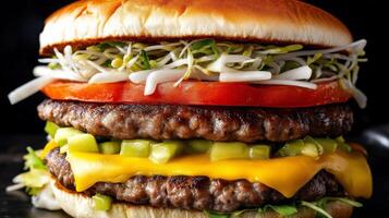 Delicious burger features two grilled patties topped with cheddar cheese, fresh lettuce, tomato, pickles, and bean sprouts, creating a mouthwatering meal ideal for lunch or dinner. photo