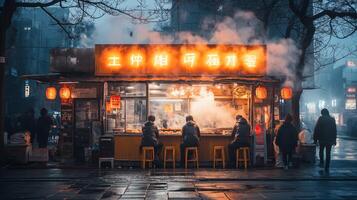 Under a misty night sky, a busy street food stall fills the air with savory aromas while diners sit on stools enjoying their meals amidst glowing lanterns. photo
