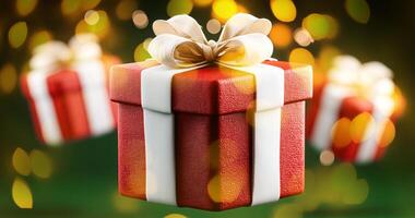 A beautifully wrapped gift box in red and white sits prominently, embellished with a large bow. Soft lights create a warm and festive atmosphere, embodying the spirit of the holiday season in autumn. photo