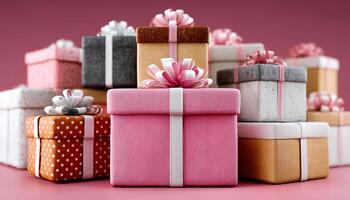 A collection of decorative gift boxes in various colors including pink and red, all adorned with bows. photo