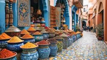 Vivid piles of spices in decorative containers line a narrow street in a Moroccan market where visitors admire vibrant colors and unique aromas. photo