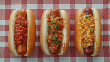 Tres distinto caliente perros desplegado en un a cuadros Manteles, presentando varios coberturas tal como chile, cebollas, y queso. ideal para verano barbacoas y al aire libre reuniones. foto