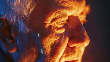 This Close-up view of an elderly man's face showing signs of aging, symbolizing longevity research. photo