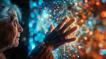 This elderly person interacts with a luminous digital representation of longevity science concepts. photo