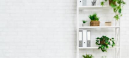 Rack with home plants and folders in office at white brick wall, blurred background, copy space photo