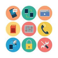 Communication Technology Flat Icons Set For Mobile Networking And Settings Options vector