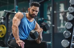 Wightlifting workout. Handsome bodybuilder picking up dumbbells at gym, empty space photo