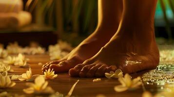 This Feet soak in a tranquil spa with gentle lighting and flower petals creating a peaceful atmosphere. photo