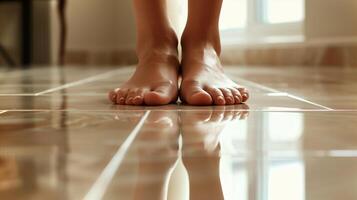 This Bare feet stand on a glossy tiled floor, highlighting well-maintained nails and smooth skin. photo