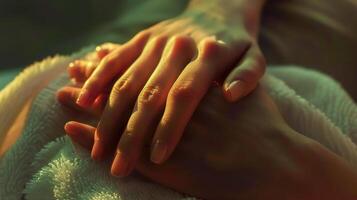 This Hands gently rest, showing polished nails after a relaxing manicure session. photo