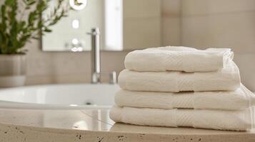 This Soft white towels are arranged neatly next to a relaxing bathtub in a serene spa atmosphere. photo