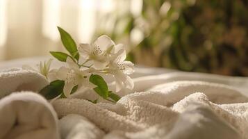 This tranquil setting showcases fresh flowers resting on soft linens, perfect for a nail care session. photo