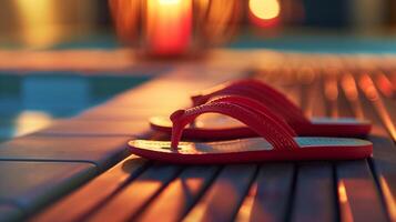 This Red flip-flops rest on a wooden deck, illuminated by soft candlelight in the evening. photo