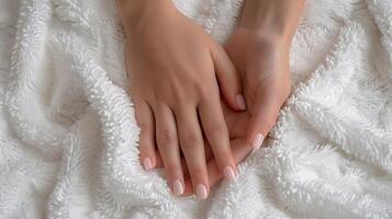 This Hands with soft, light pink manicure are placed gently on a cozy white blanket. photo