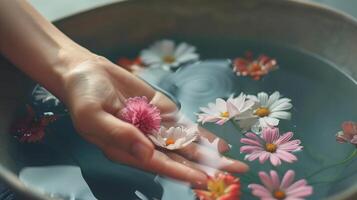 This hand gently caresses flowers floating in water, highlighting a tranquil manicure session. photo