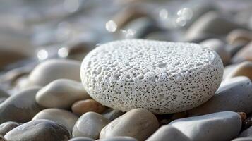 This arrangement of different sized pebbles with focus on a porous, smooth stone at a riverside. photo