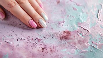 This Hands showcase a stunning pastel nail design with meticulous detailing on a creative background. photo