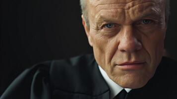This Confident judge looking forward with serious expression, warm light, dark background photo