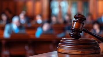 This Judge's gavel in sharp focus on podium, blurred jury members visible in background, warm courtroom light photo