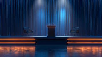This spacious conference room is set up for a speaking engagement with a podium and two chairs. photo