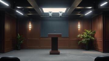 This well-equipped conference room is set for a public speaking event with a podium and lighting. photo