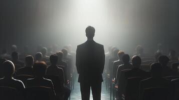This lawyer speaks at a podium as an attentive audience listens at a conference. photo