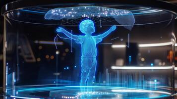 This child is in a transparent container, surrounded by glowing data and AI graphics. photo
