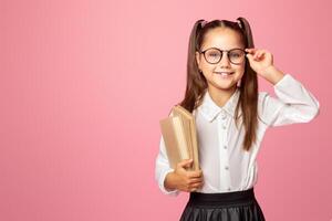 Portrait of a cute little kid girl on a yellow background. Child schoolgirl looking at the camera, holding a book and straightens glasses. photo