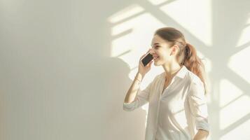 This person is happily talking on the phone using a headset in a well-lit indoor setting. photo