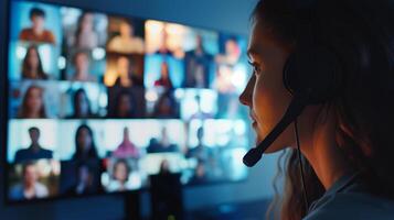 This person joins a group call with a headset, surrounded by multiple screens. photo
