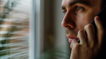 This man is intently conversing on his phone, possibly during a call, while looking out a window. photo