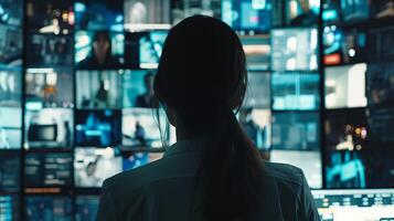 This Person on a headset engages in a call amidst multiple screens showcasing diverse visuals. photo