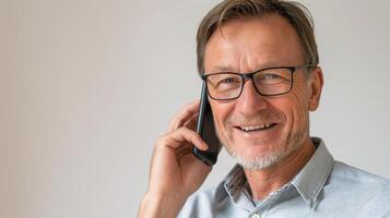 This man is smiling while participating in a phone call using a headset in a well-lit space. photo