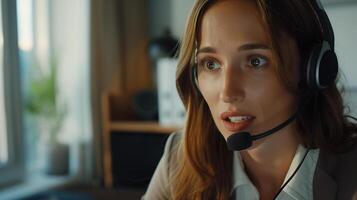 This person actively participates in a call using a headset in a bright, contemporary office. photo