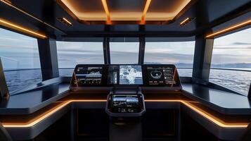 This Advanced maritime control room features high-tech displays and automation for efficient navigation. photo