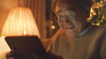 This Man smiles while engaging in a call using his tablet in a warm, inviting setting. photo