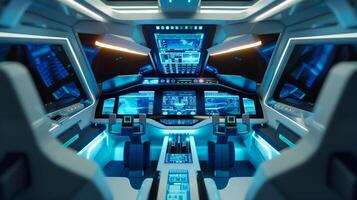 This High-tech cockpit features cutting-edge controls and displays for automated transport systems. photo