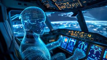 This highly advanced digital pilot controls an aircraft with illuminated displays and interfaces. photo