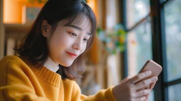 This young woman enjoys chatting on her phone, smiling as she participates in a call. photo