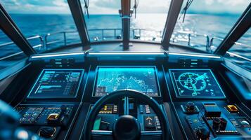 This High-tech control station with advanced screens and controls for maritime navigation and automation. photo