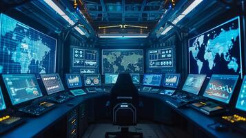 This Multiple screens show data on transport, automation, and mobility in a high-tech control room. photo