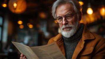 An older man, wearing glasses and a warm jacket, carefully examines papers at a table in a stylish cafe. The dim lighting adds a relaxed atmosphere as he focuses on the details. photo