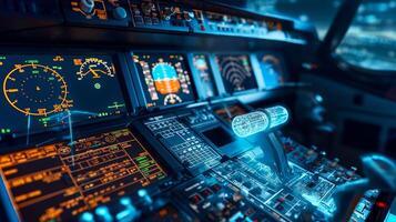This High-tech cockpit features digital displays and automation controls for modern flight operations. photo