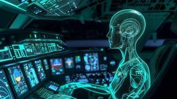 This digital representation of a virtual assistant controls an aircraft in a high-tech cockpit. photo