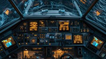 This Advanced control interface with multiple screens and buttons for maritime and aviation tasks. photo
