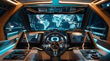 This High-tech cockpit featuring global navigation systems for modern transport integration. photo