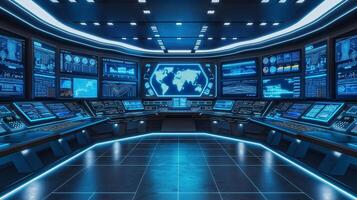 This advanced control room has many monitors showing data for transport and automation systems. photo
