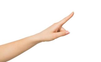 Look at this. Hand gestures - woman pointing on virtual object with forefinger, isolated on white background, cutout, close-up photo