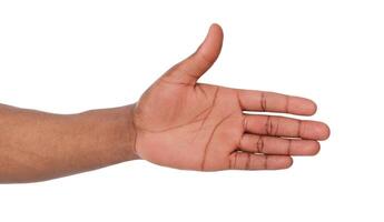 Hand ready for handshake isolated on white background. African american man inviting by open palm, greeting concept photo