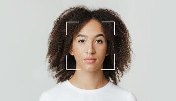 Biometric facial recognition of calm young african american female, isolate on gray background, copy space, panorama. Future tech, face detection, scanning, secure system and id biometric, collage photo
